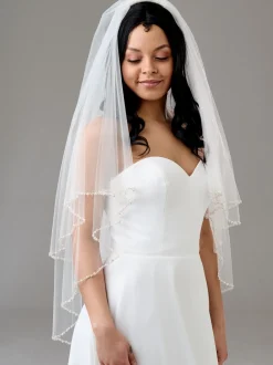 Twilight Designs Two Tier Veils | Fingertip Veils*Charleston Two Tier Bead, Diamante and Pearl Edge Veil Ivory