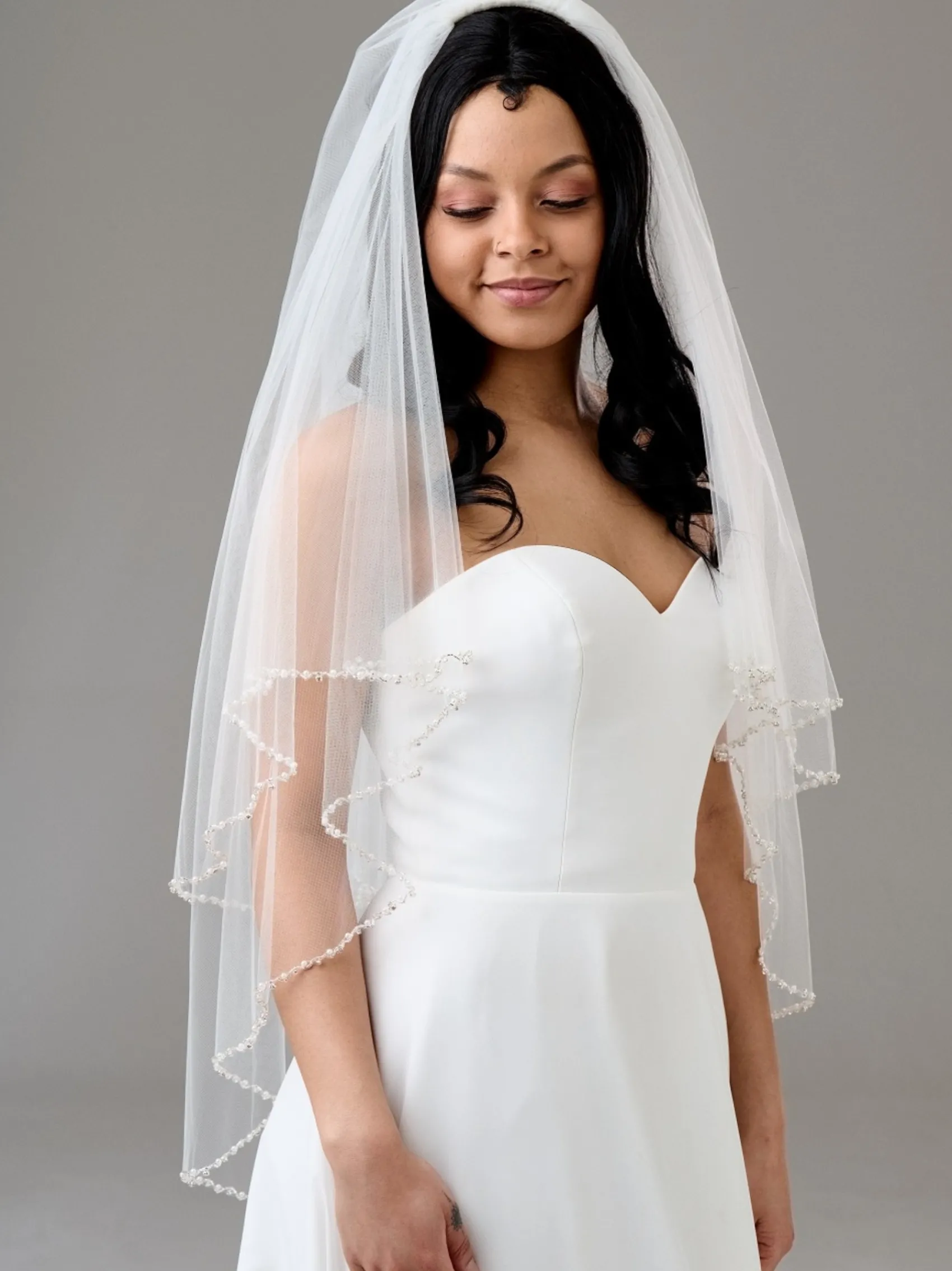 Twilight Designs Two Tier Veils | Fingertip Veils*Charleston Two Tier Bead, Diamante and Pearl Edge Veil Ivory
