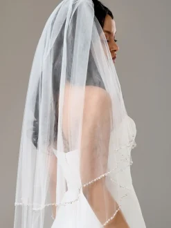 Twilight Designs Two Tier Veils | Fingertip Veils*Charleston Two Tier Bead, Diamante and Pearl Edge Veil Ivory