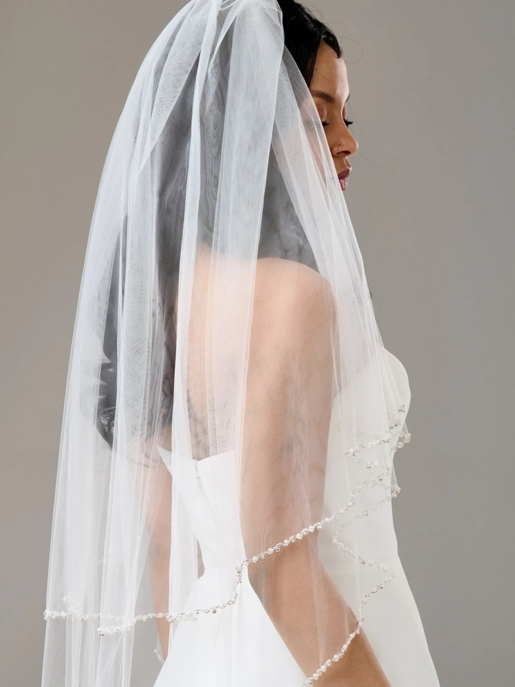 Twilight Designs Two Tier Veils | Fingertip Veils*Charleston Two Tier Bead, Diamante and Pearl Edge Veil Ivory