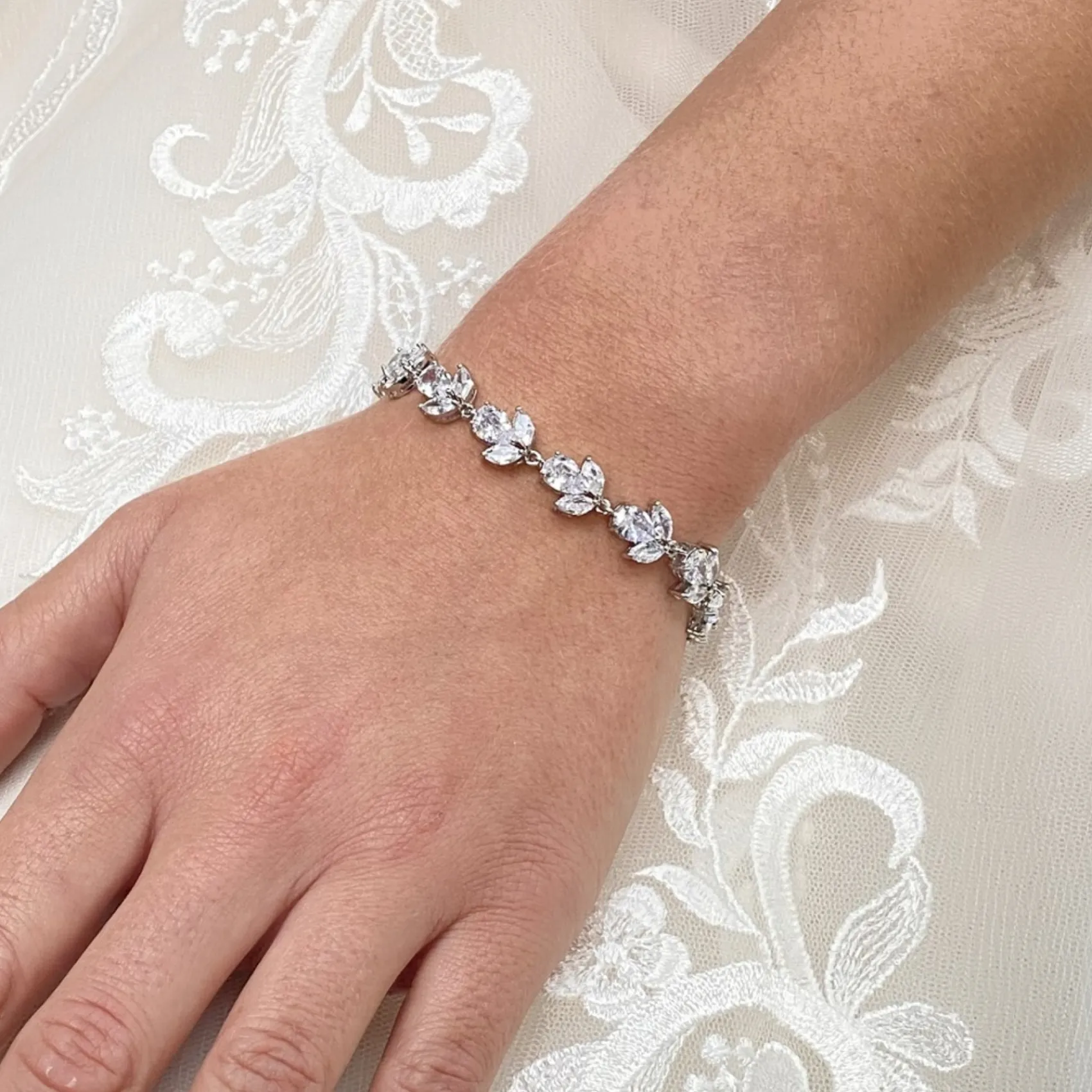 Lace & Favour Silver Prom Jewellery | Prom Bracelets*Chelsea Leaf and Teardrop Crystal Wedding Bracelet Silver