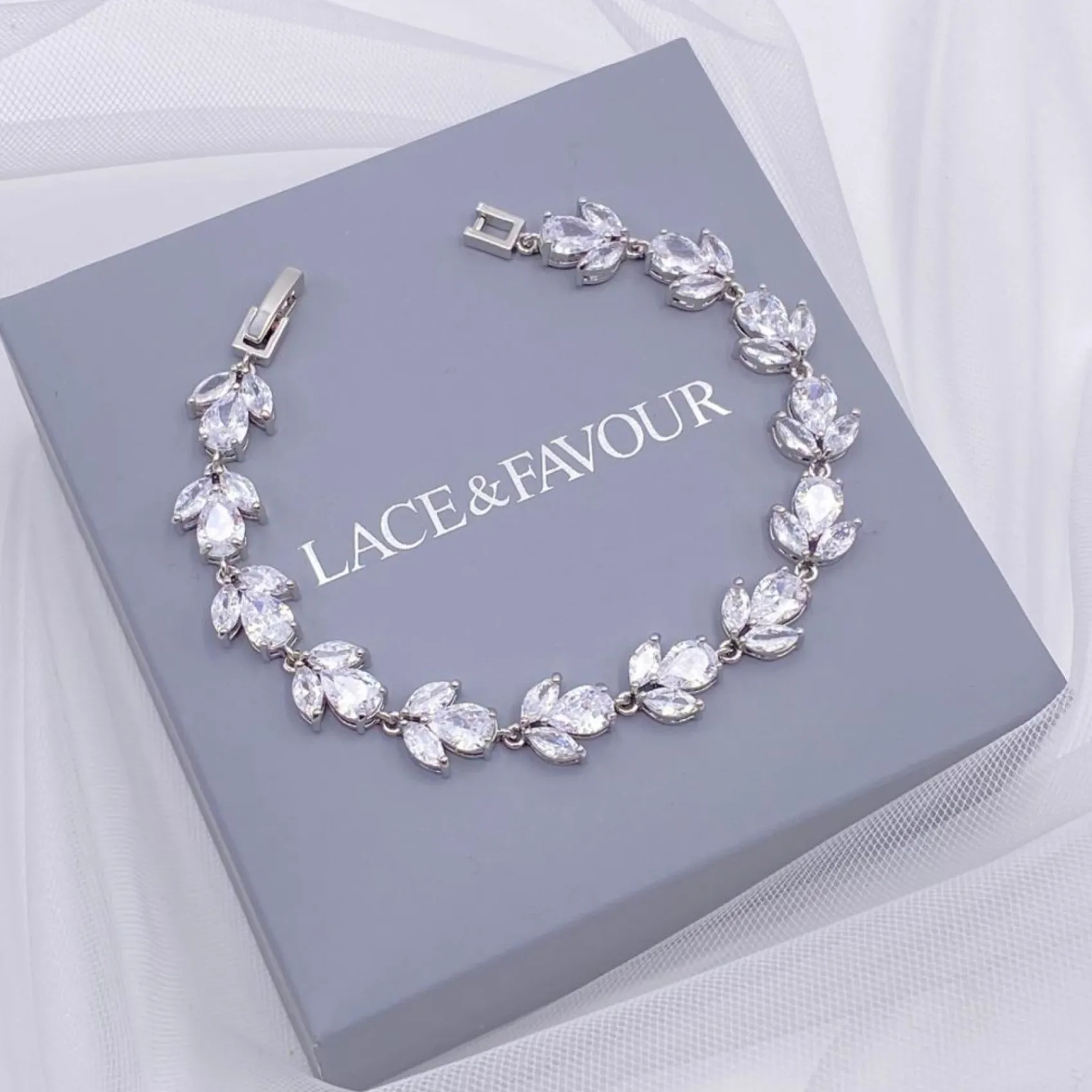 Lace & Favour Silver Prom Jewellery | Prom Bracelets*Chelsea Leaf and Teardrop Crystal Wedding Bracelet Silver