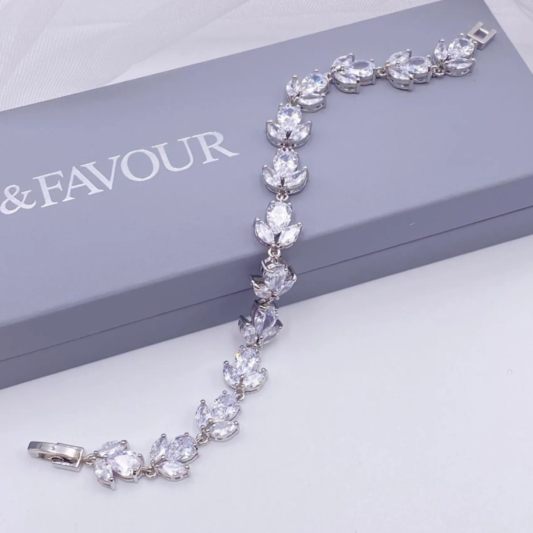 Lace & Favour Silver Prom Jewellery | Prom Bracelets*Chelsea Leaf and Teardrop Crystal Wedding Bracelet Silver