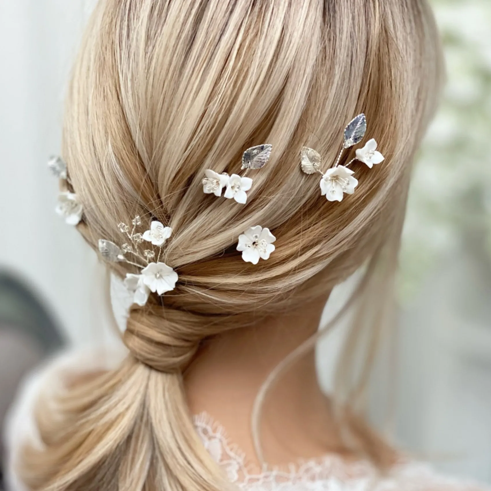 Lace & Favour Silver Hair Accessories | Bridesmaid Hair Accessories*Cherry Blossom Set of 5 Porcelain Flower and Silver Leaf Hair Pins Ivory/ Silver