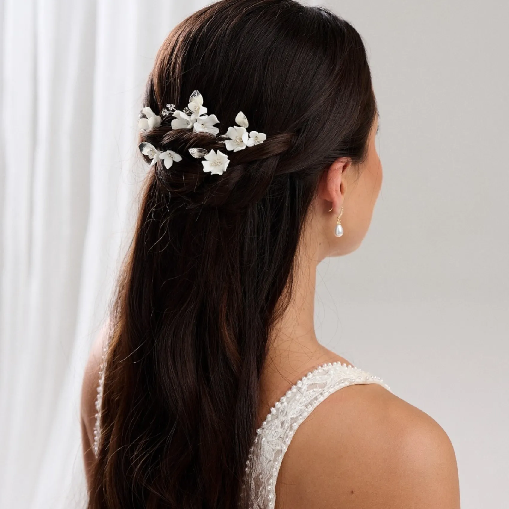 Lace & Favour Silver Hair Accessories | Bridesmaid Hair Accessories*Cherry Blossom Set of 5 Porcelain Flower and Silver Leaf Hair Pins Ivory/ Silver