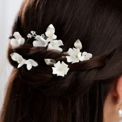 Lace & Favour Silver Hair Accessories | Bridesmaid Hair Accessories*Cherry Blossom Set of 5 Porcelain Flower and Silver Leaf Hair Pins Ivory/ Silver