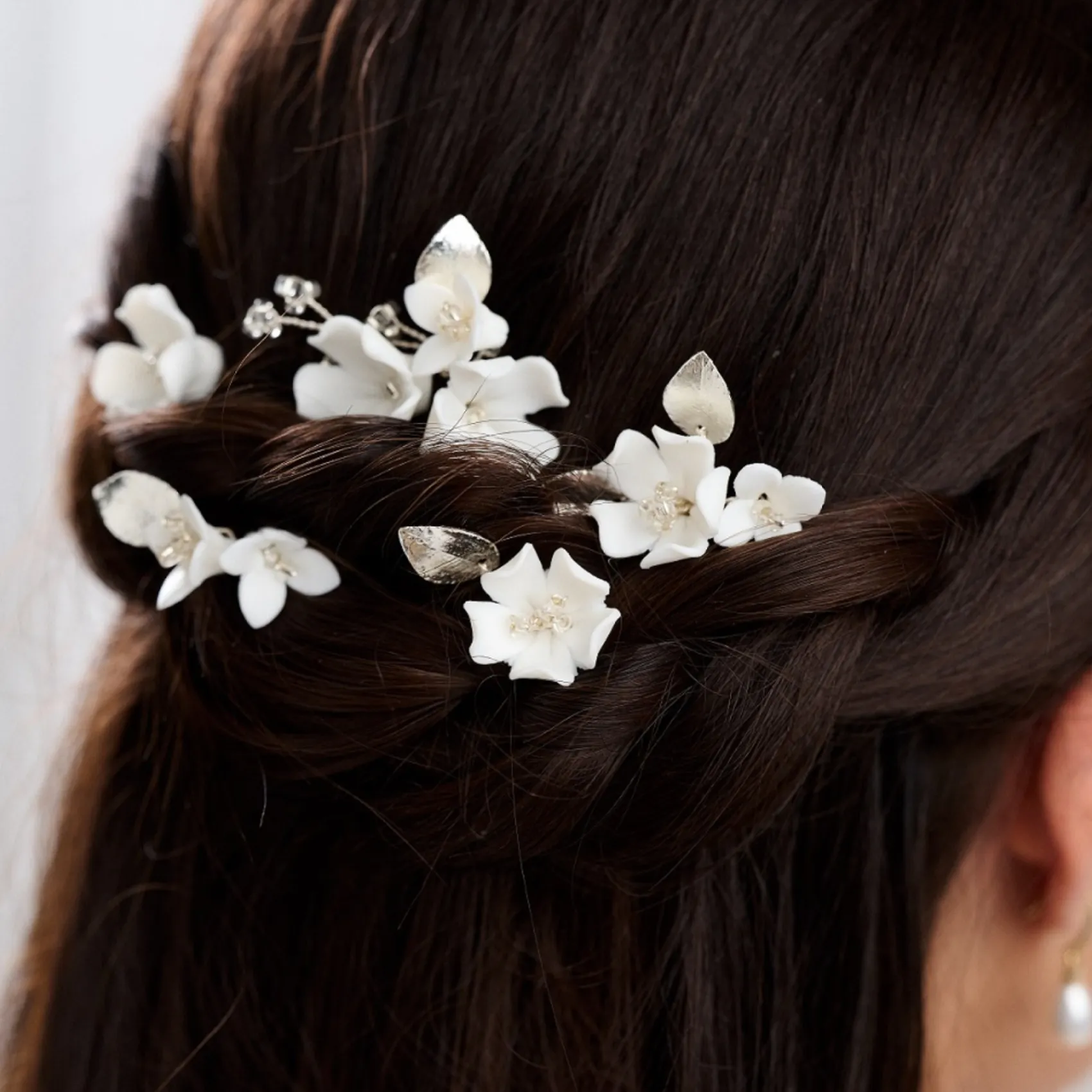 Lace & Favour Silver Hair Accessories | Bridesmaid Hair Accessories*Cherry Blossom Set of 5 Porcelain Flower and Silver Leaf Hair Pins Ivory/ Silver