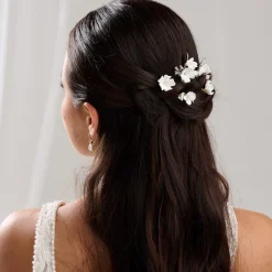 Lace & Favour Silver Hair Accessories | Bridesmaid Hair Accessories*Cherry Blossom Set of 5 Porcelain Flower and Silver Leaf Hair Pins Ivory/ Silver