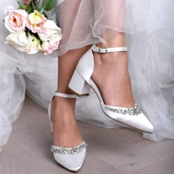 Paradox London Wedding Shoes | Low Heel*Cinta Dyeable Satin Crystal Block Heel Ankle Strap Shoes Ivory