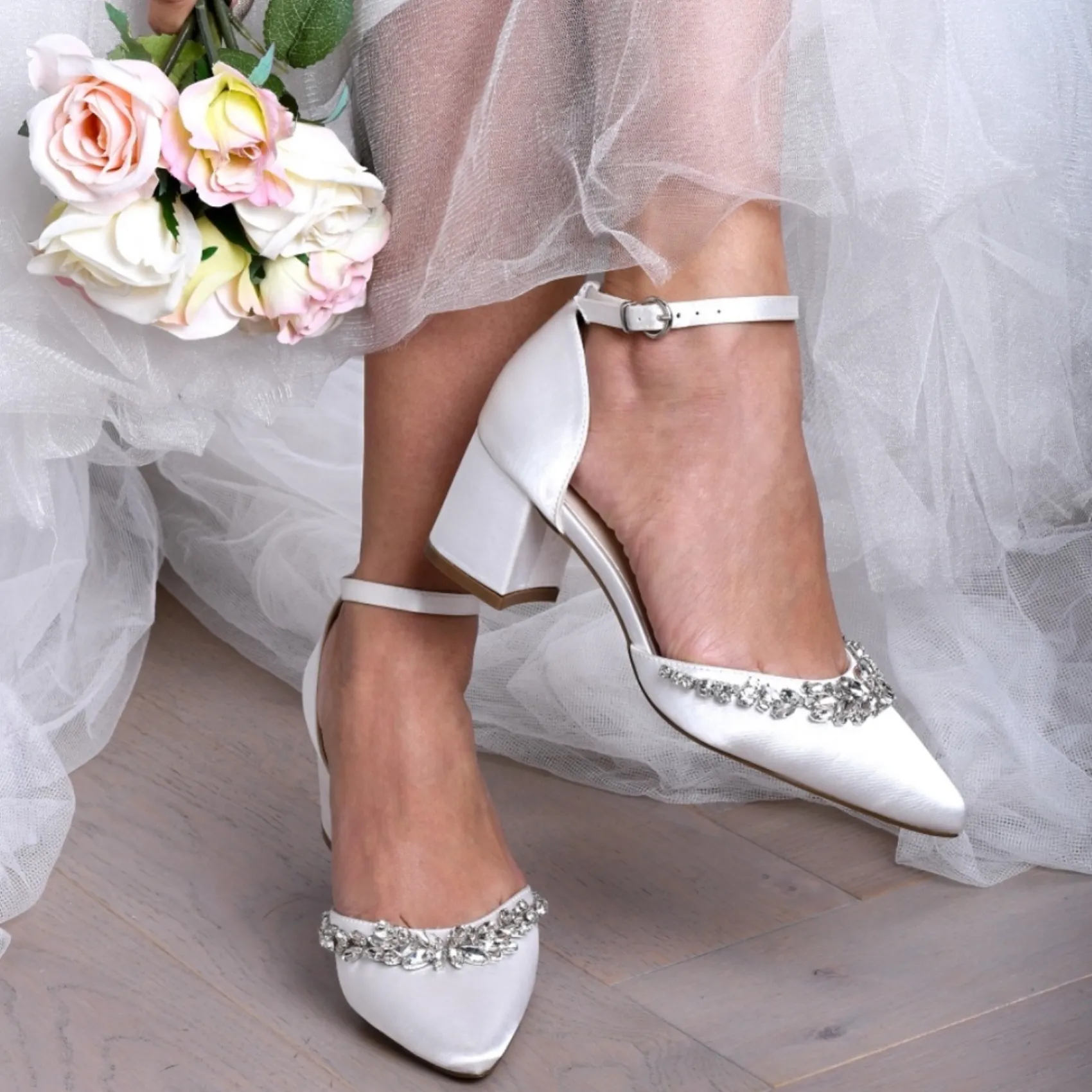 Paradox London Wedding Shoes | Low Heel*Cinta Dyeable Satin Crystal Block Heel Ankle Strap Shoes Ivory