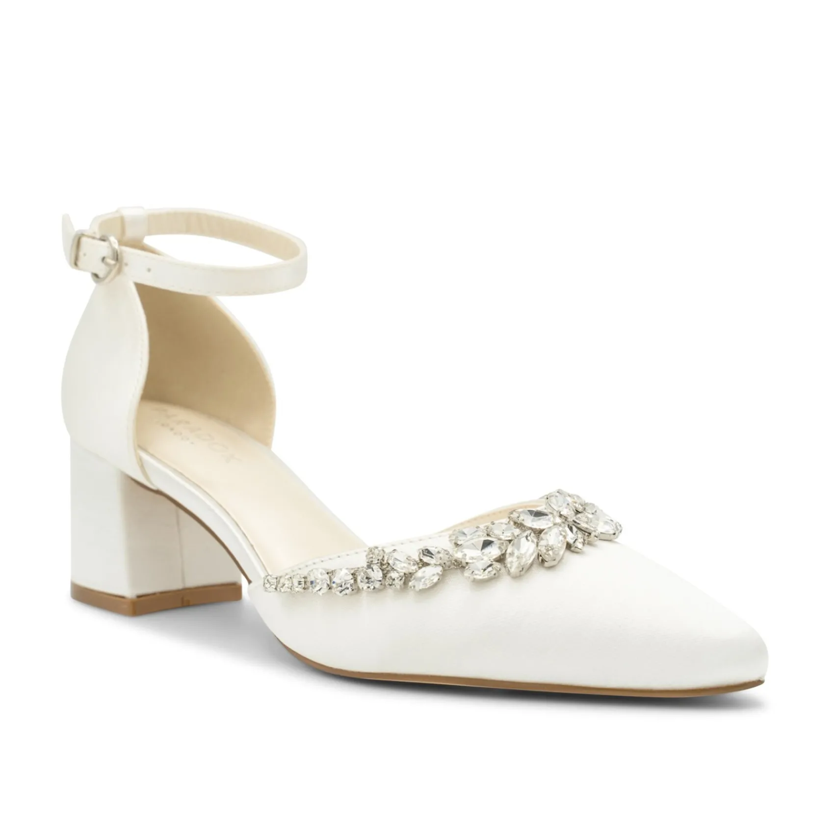 Paradox London Wedding Shoes | Low Heel*Cinta Dyeable Satin Crystal Block Heel Ankle Strap Shoes Ivory
