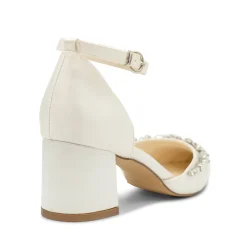Paradox London Wedding Shoes | Low Heel*Cinta Dyeable Satin Crystal Block Heel Ankle Strap Shoes Ivory