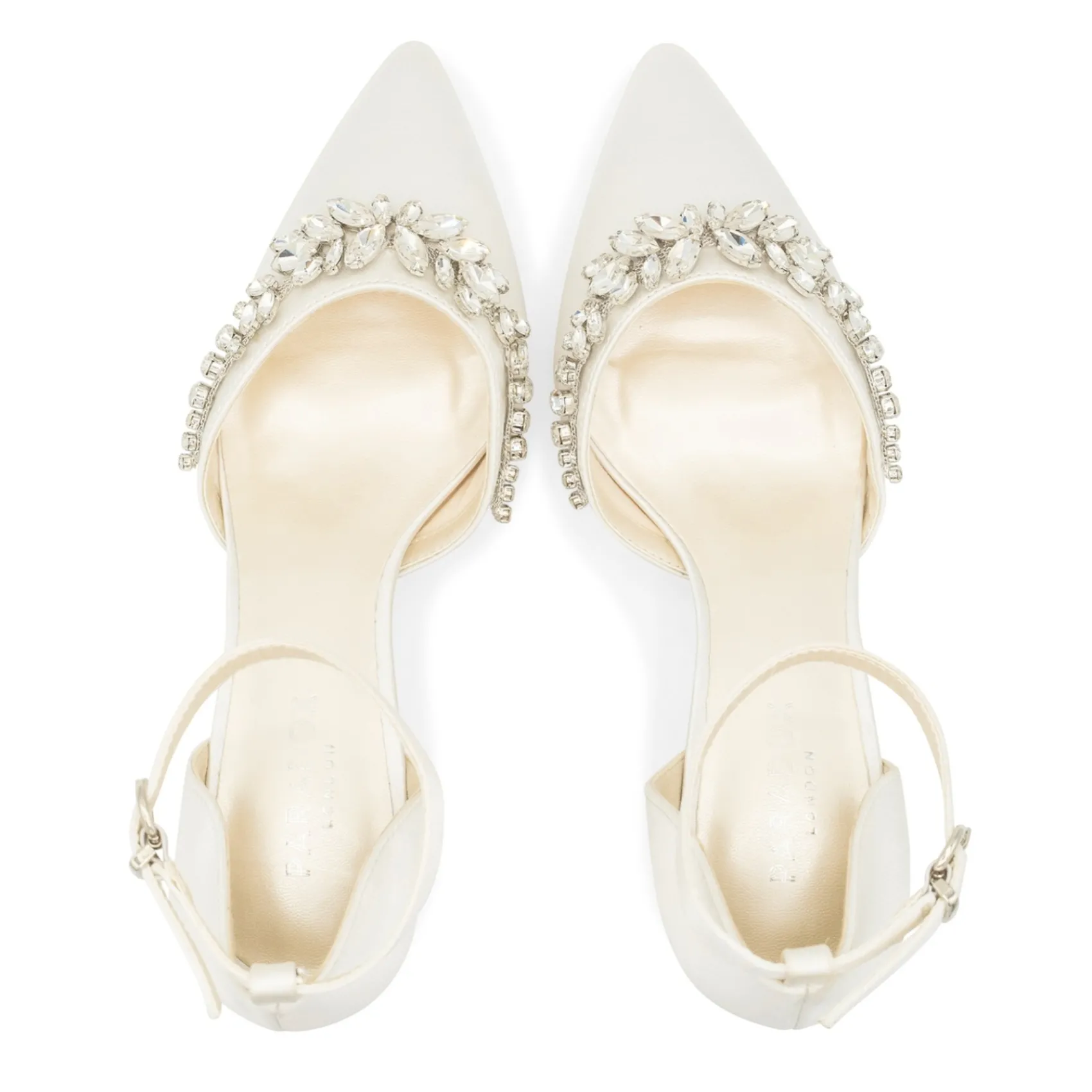 Paradox London Wedding Shoes | Low Heel*Cinta Dyeable Satin Crystal Block Heel Ankle Strap Shoes Ivory
