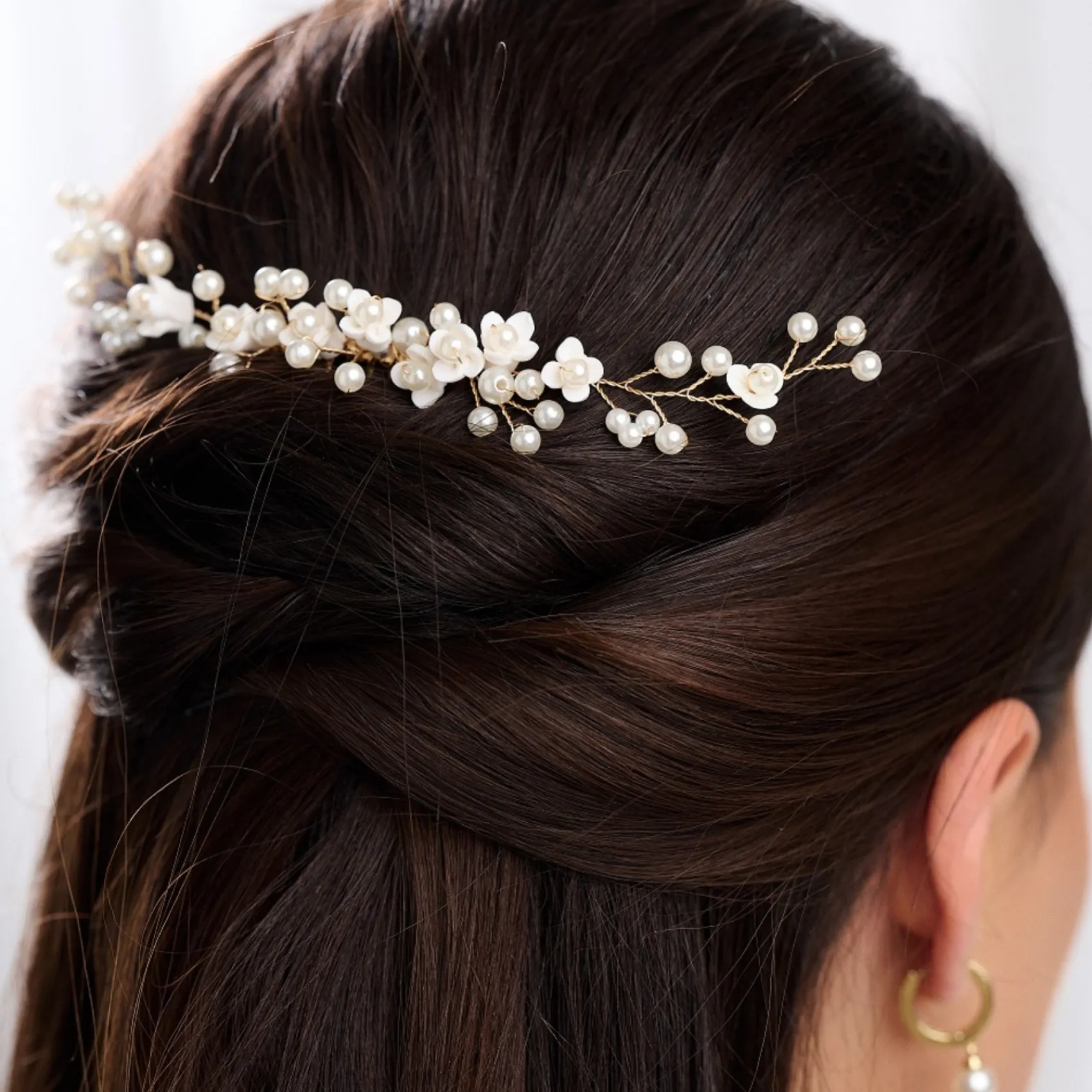 Lace & Favour Pearl Hair Accessories | Gold Hair Accessories*Confetti Flowers and Pearl Hair Vine on Comb (Gold) Ivory/ Gold