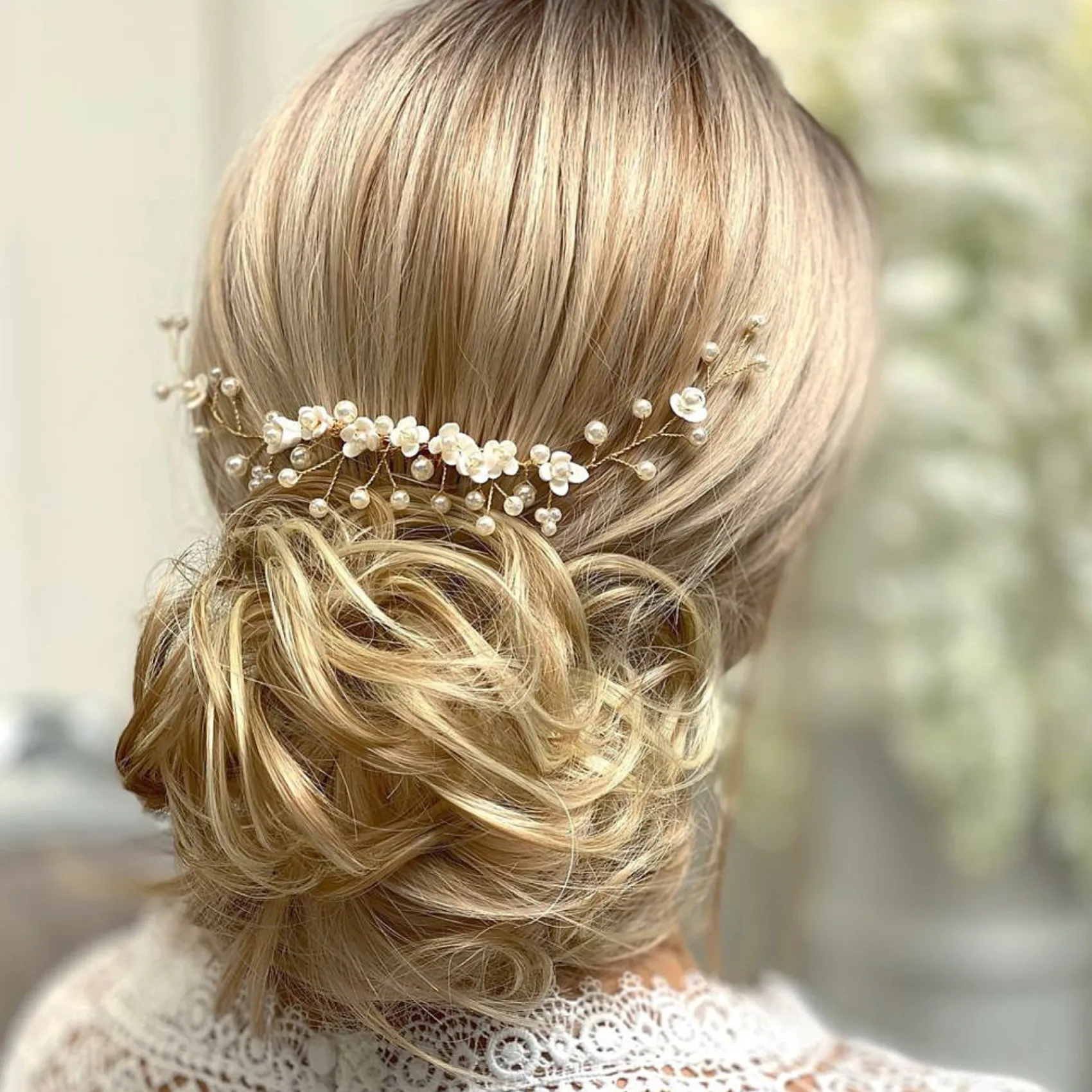 Lace & Favour Pearl Hair Accessories | Gold Hair Accessories*Confetti Flowers and Pearl Hair Vine on Comb (Gold) Ivory/ Gold