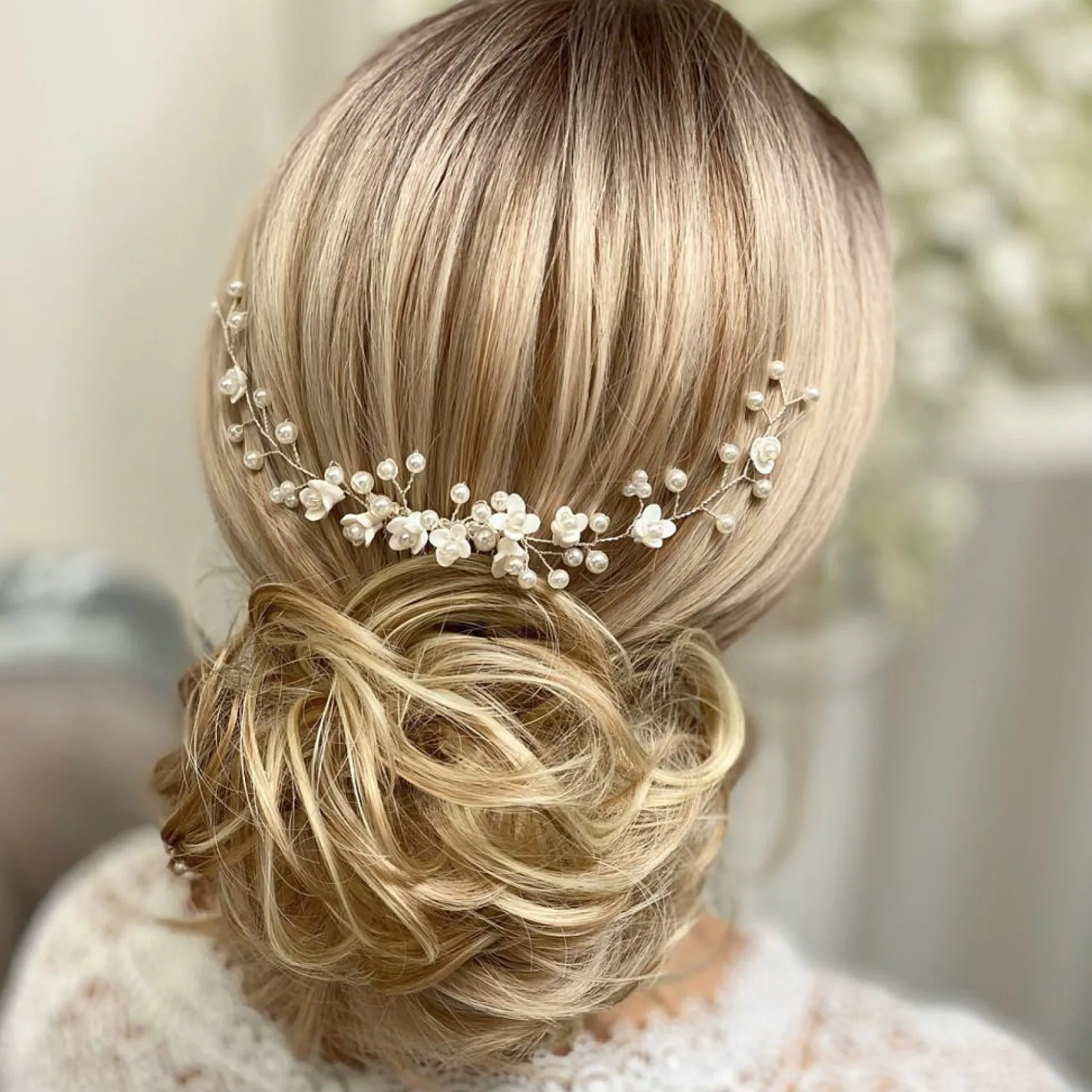 Lace & Favour Pearl Hair Accessories | Silver Hair Accessories*Confetti Flowers and Pearl Hair Vine on Comb (Silver) Ivory/ Silver