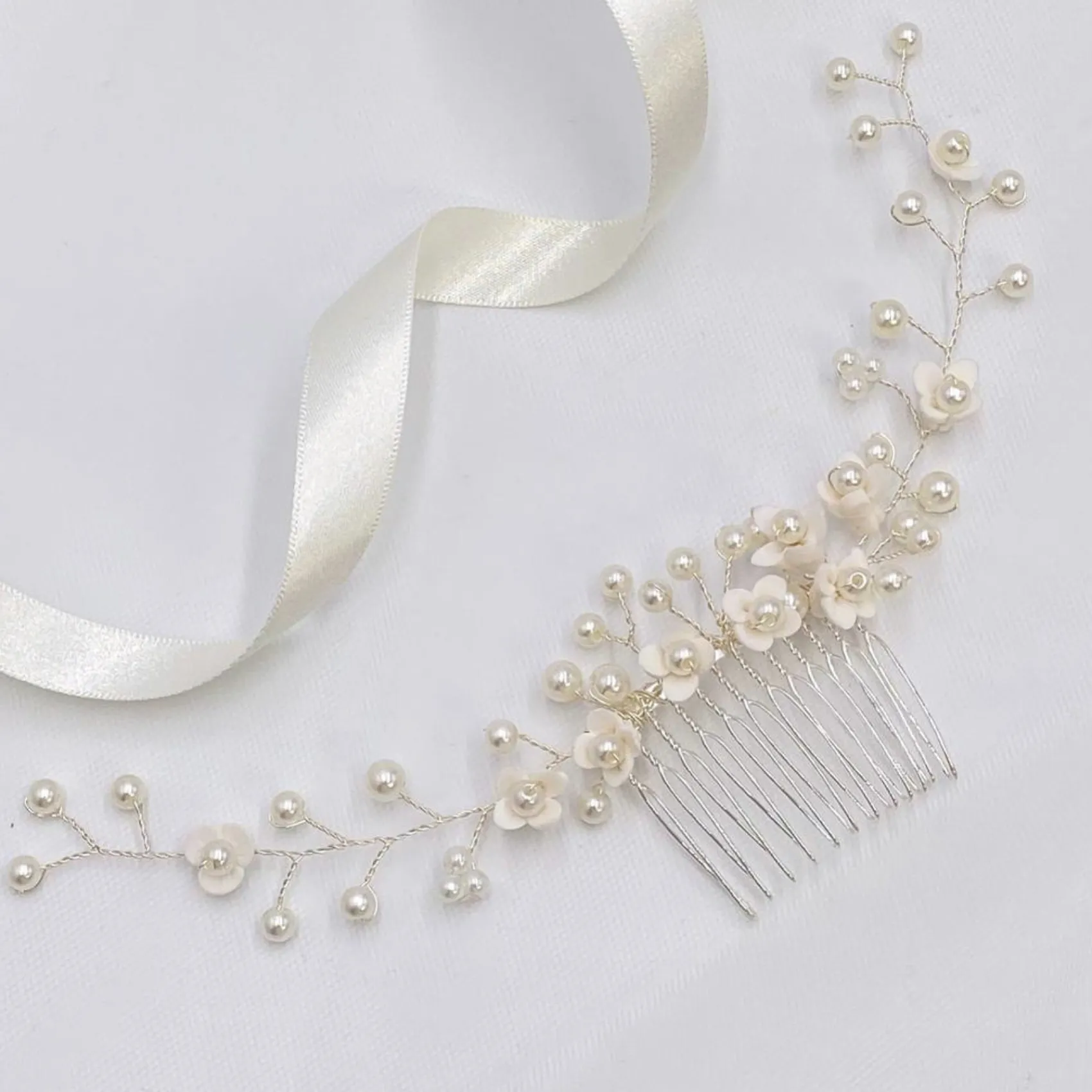 Lace & Favour Pearl Hair Accessories | Silver Hair Accessories*Confetti Flowers and Pearl Hair Vine on Comb (Silver) Ivory/ Silver