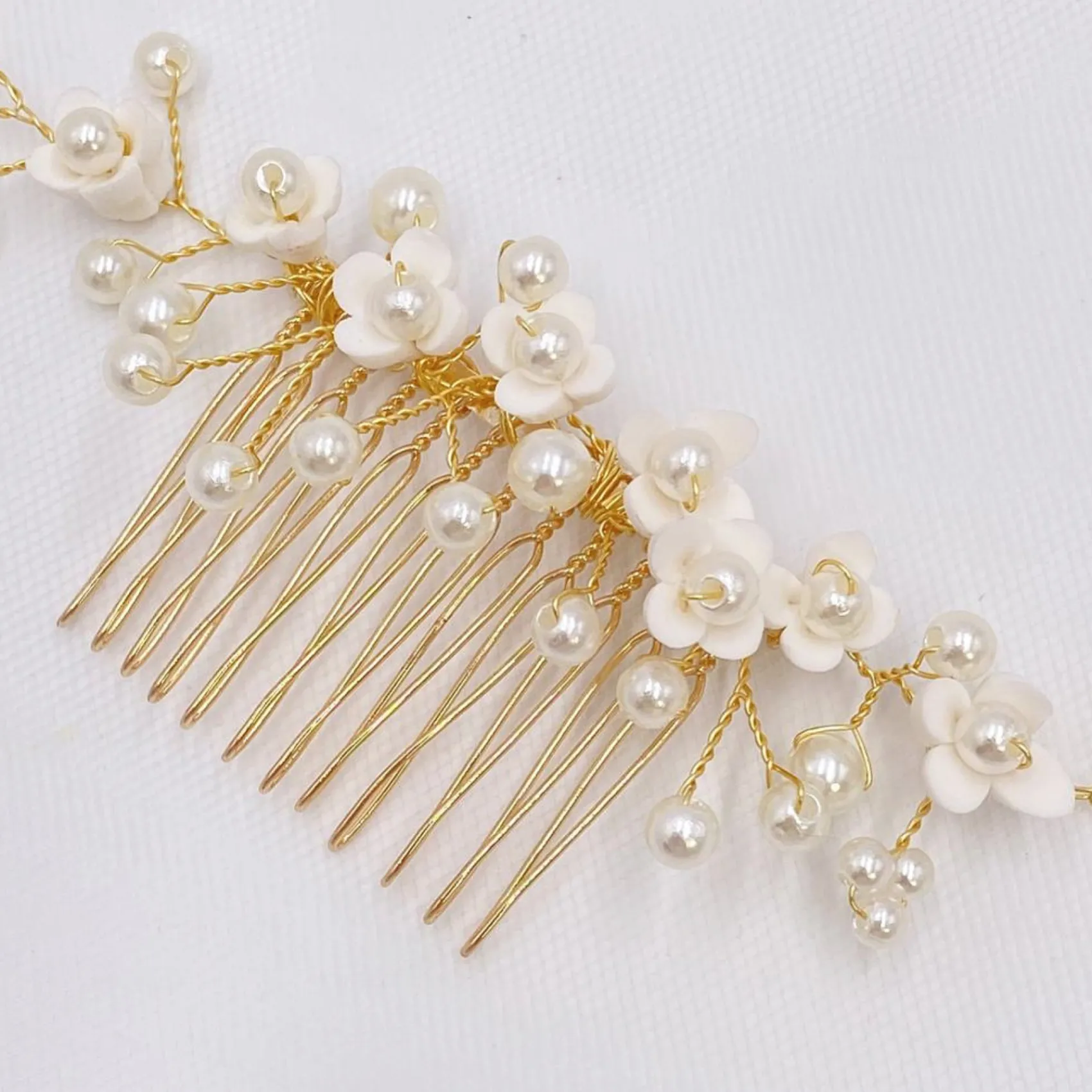 Lace & Favour Pearl Hair Accessories | Gold Hair Accessories*Confetti Flowers and Pearl Hair Vine on Comb (Gold) Ivory/ Gold