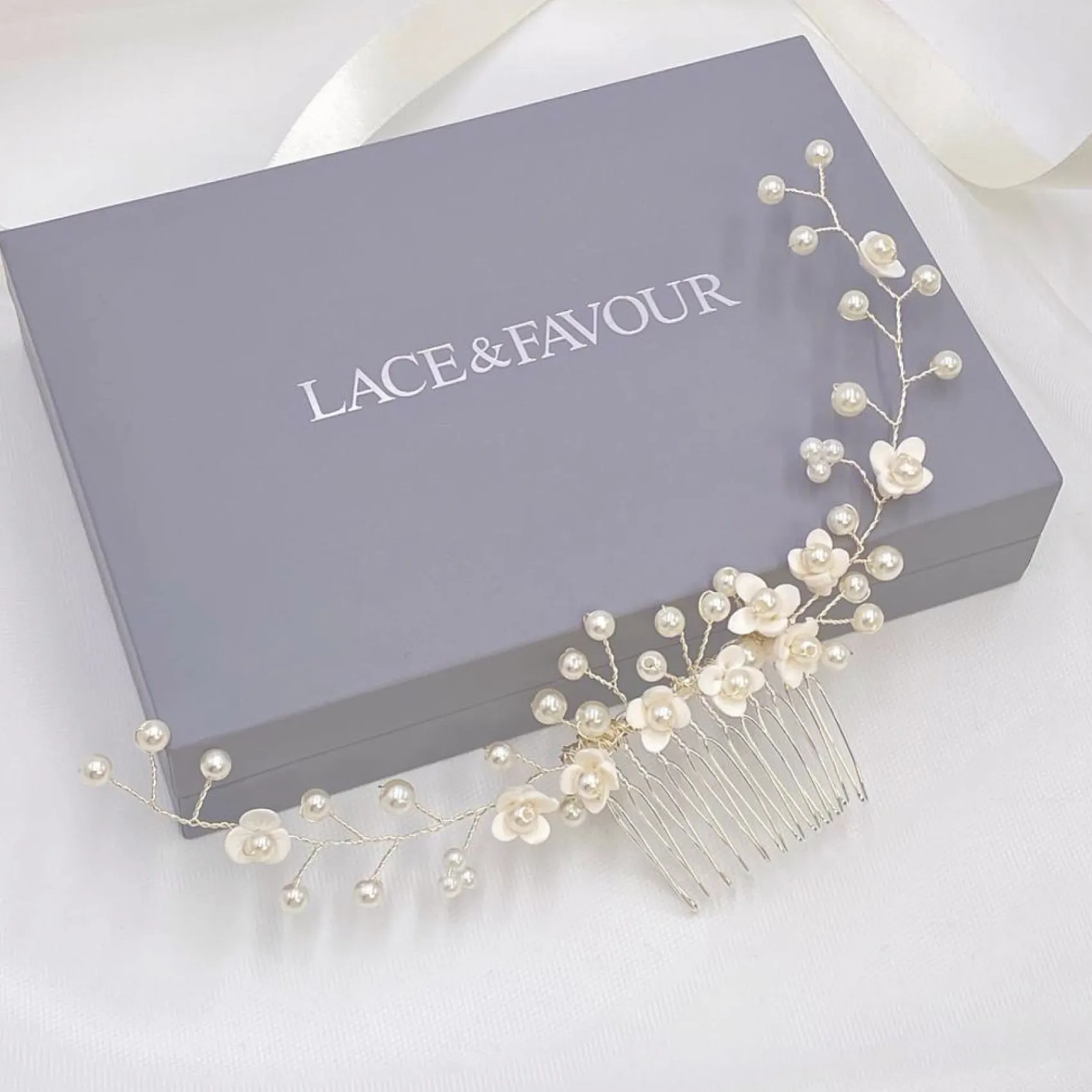 Lace & Favour Pearl Hair Accessories | Silver Hair Accessories*Confetti Flowers and Pearl Hair Vine on Comb (Silver) Ivory/ Silver