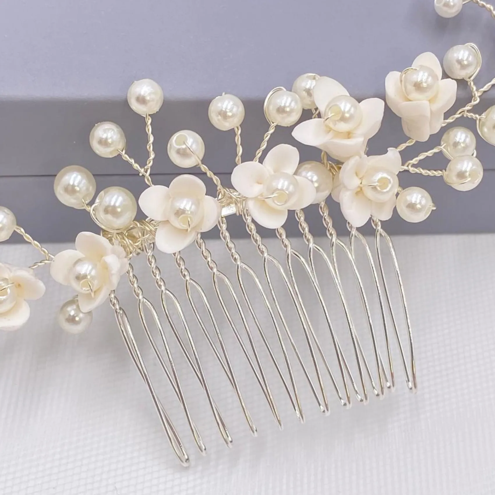 Lace & Favour Pearl Hair Accessories | Silver Hair Accessories*Confetti Flowers and Pearl Hair Vine on Comb (Silver) Ivory/ Silver