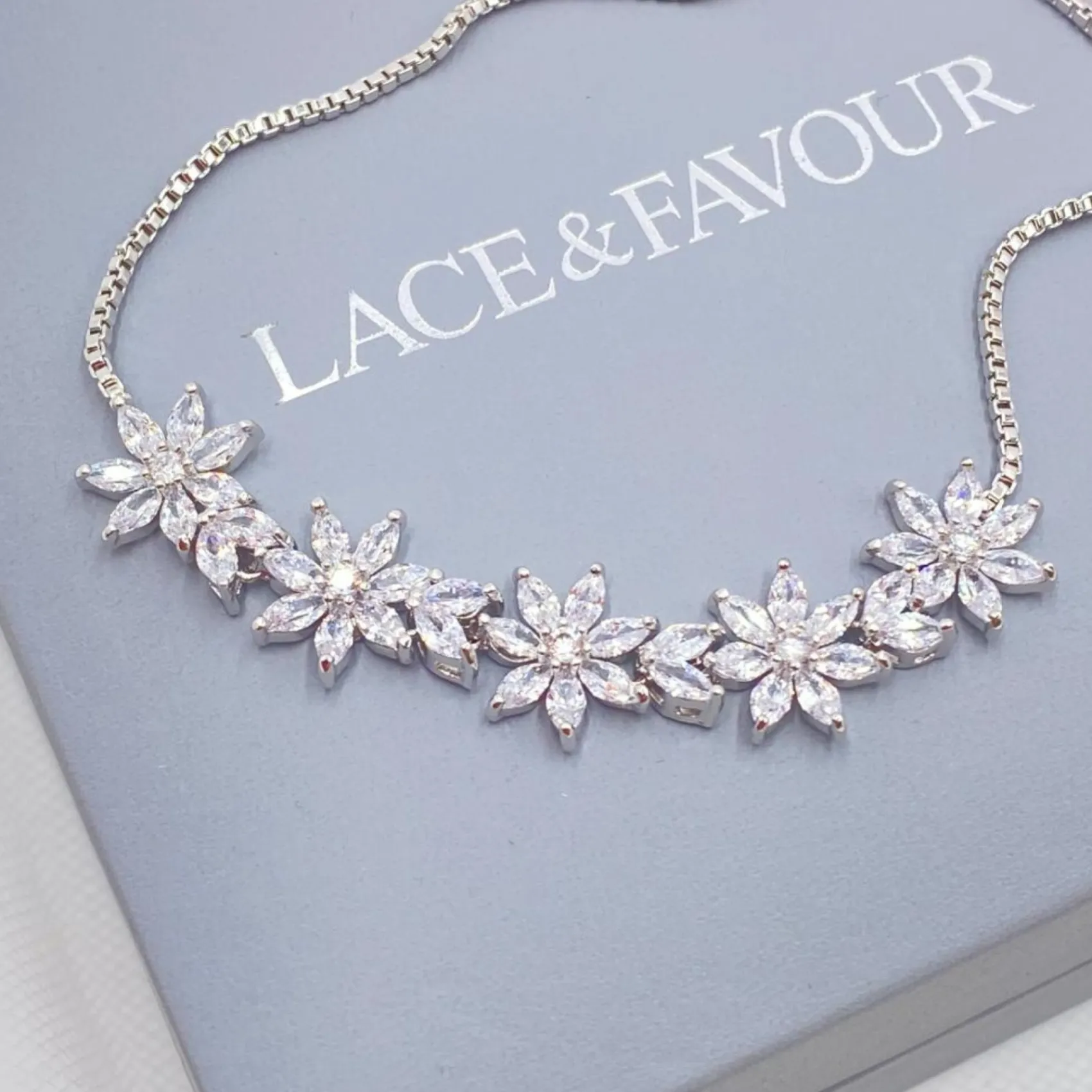 Lace & Favour Silver Prom Jewellery | Prom Bracelets*Daisy Floral Crystal Adjustable Bracelet Silver