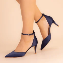 Perfect Bridal Wedding Guest Shoes | Mother Of The Bride Shoes*Daniella Navy Satin Mid Heel Ankle Strap Court Shoes Midnight