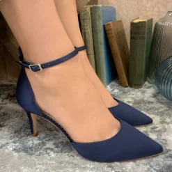 Perfect Bridal Wedding Guest Shoes | Mother Of The Bride Shoes*Daniella Navy Satin Mid Heel Ankle Strap Court Shoes Midnight