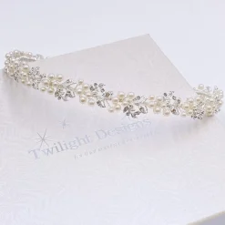 Twilight Designs Silver Hair Accessories | Pearl Hair Accessories*Delilah Crystal Leaves and Pearl Wedding Hair Vine Ivory/ Silver