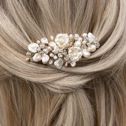 Poirier Pearl Hair Accessories | Gold Hair Accessories*Deloras Gold Freshwater Pearl and Flowers Mini Hair Comb Ivory/ Champagne/ Pale Gold