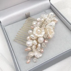 Poirier Pearl Hair Accessories | Gold Hair Accessories*Deloras Gold Freshwater Pearl and Flowers Mini Hair Comb Ivory/ Champagne/ Pale Gold
