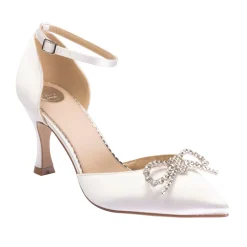 Perfect Bridal Wedding Shoes | Mid Heel*Devon Satin Ankle Strap Court Shoes with Polka Dot Bow Ivory