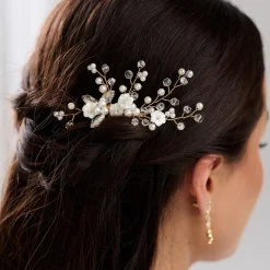 Lace & Favour Bride Gifts | Pearl Hair Accessories*Dianthus Dainty Gold Floral Hair Comb Ivory/ Gold