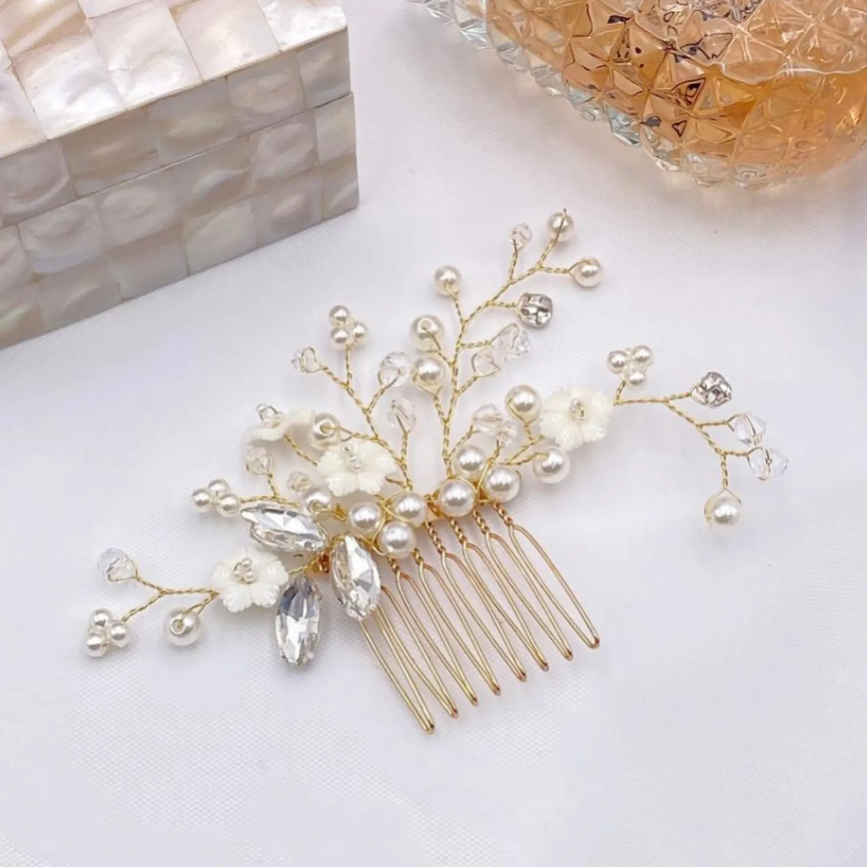 Lace & Favour Bride Gifts | Pearl Hair Accessories*Dianthus Dainty Gold Floral Hair Comb Ivory/ Gold