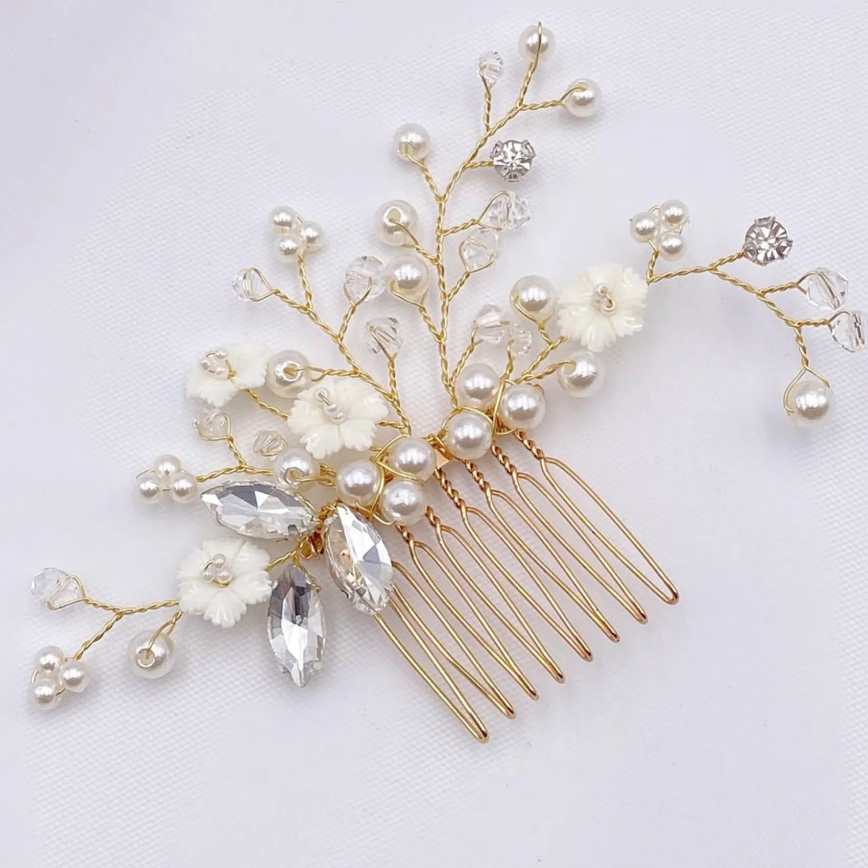 Lace & Favour Bride Gifts | Pearl Hair Accessories*Dianthus Dainty Gold Floral Hair Comb Ivory/ Gold