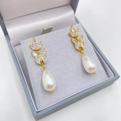 Lace & Favour Bride Gifts | Pearl Jewellery*Divine Gold Cubic Zirconia and Teardrop Pearl Earrings Ivory/ Gold