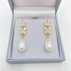 Lace & Favour Bride Gifts | Pearl Jewellery*Divine Gold Cubic Zirconia and Teardrop Pearl Earrings Ivory/ Gold