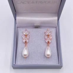 Lace & Favour Bride Gifts | Pearl Jewellery*Divine Rose Gold Cubic Zirconia and Teardrop Pearl Earrings Ivory/ Rose Gold