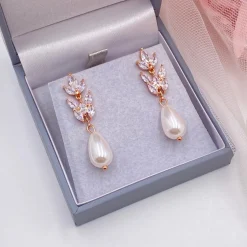 Lace & Favour Bride Gifts | Pearl Jewellery*Divine Rose Gold Cubic Zirconia and Teardrop Pearl Earrings Ivory/ Rose Gold