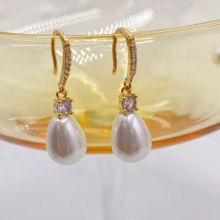 Lace & Favour Bridesmaid Gifts | Bride Gifts*Dolci Gold Crystal Embellished Teardrop Pearl Earrings Ivory/ Gold