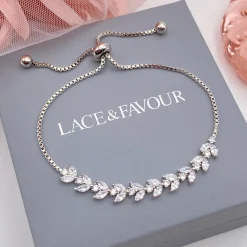 Lace & Favour Silver Prom Jewellery | Prom Bracelets*Dotty Silver Crystal Leaves Adjustable Bracelet