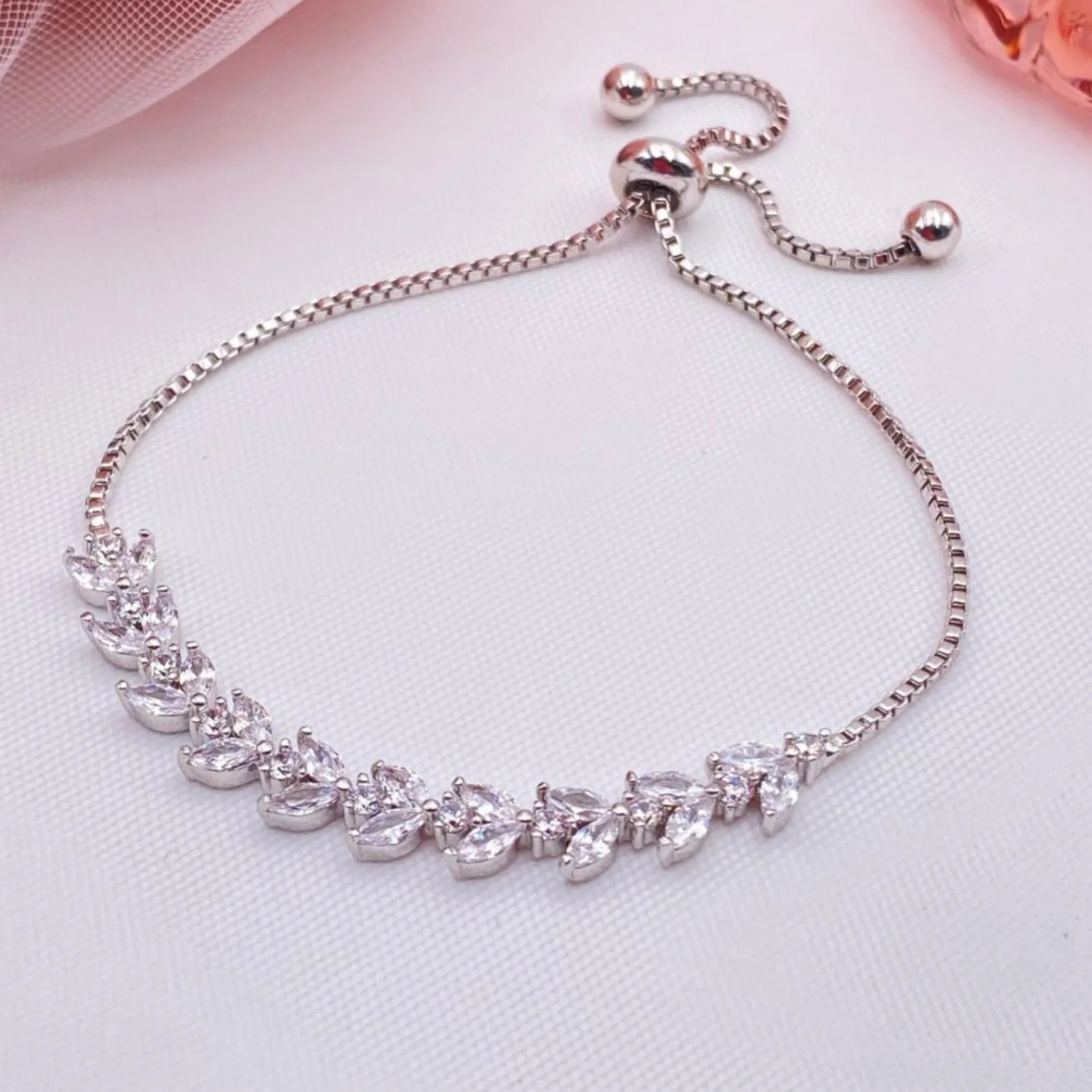 Lace & Favour Silver Prom Jewellery | Prom Bracelets*Dotty Silver Crystal Leaves Adjustable Bracelet
