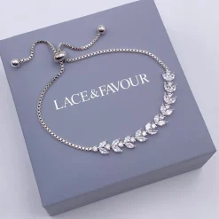 Lace & Favour Silver Prom Jewellery | Prom Bracelets*Dotty Silver Crystal Leaves Adjustable Bracelet