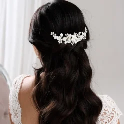 Lace & Favour Pearl Hair Accessories | Silver Hair Accessories*Edelweiss Ivory Porcelain Flowers and Pearl Wedding Hair Comb Ivory/ Silver