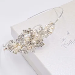 Twilight Designs Vintage Headpieces | Pearl Hair Accessories*Edith Vintage Pearl and Diamante Bridal Side Headband Silver