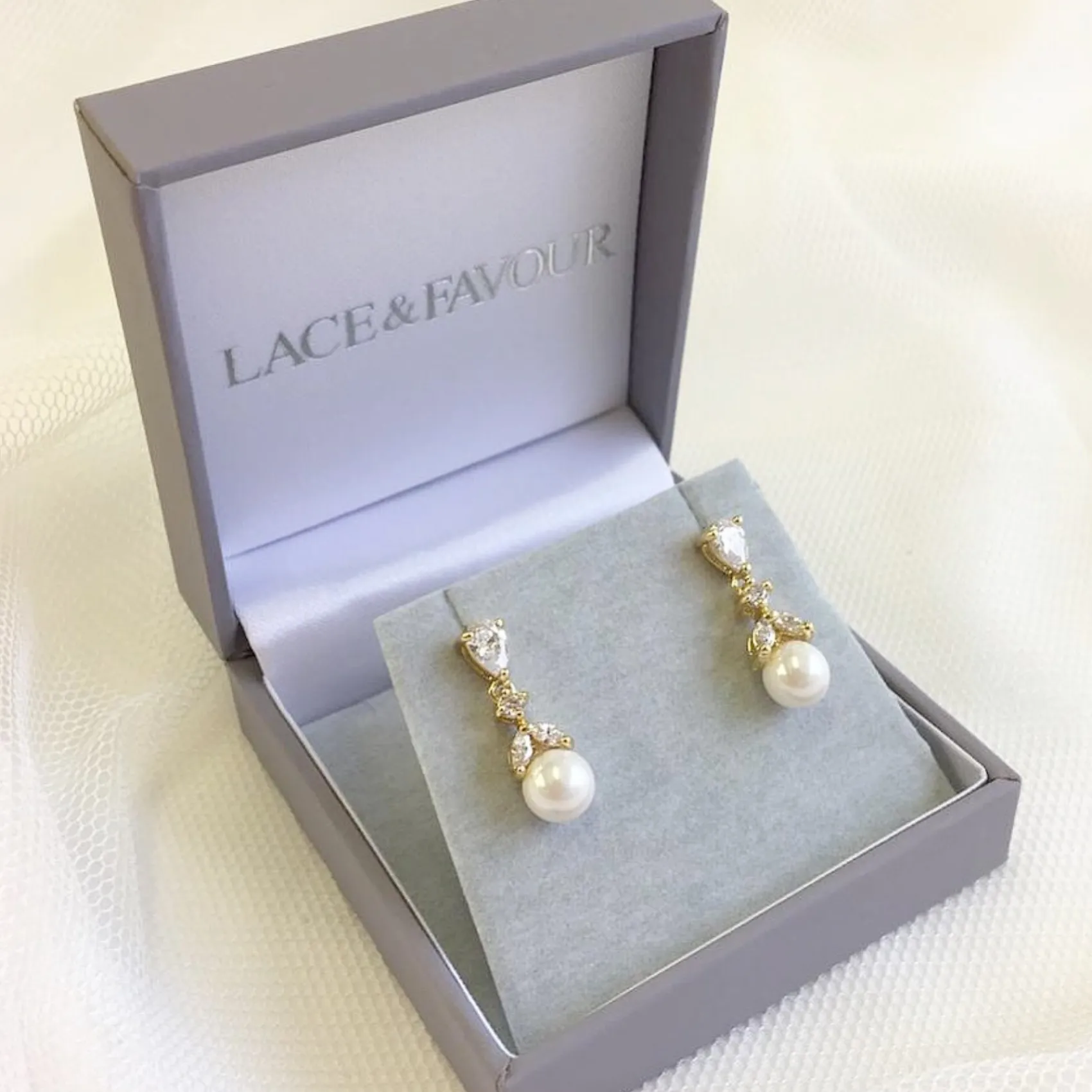 Lace & Favour Bridesmaid Gifts | Pearl Jewellery*Elegance Crystal and Pearl Wedding Earrings (Gold) Ivory/ Gold