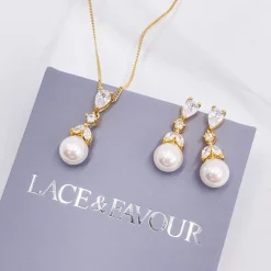 Lace & Favour Bridesmaid Gifts | Bride Gifts*Elegance Gold Crystal and Pearl Bridal Jewellery Set