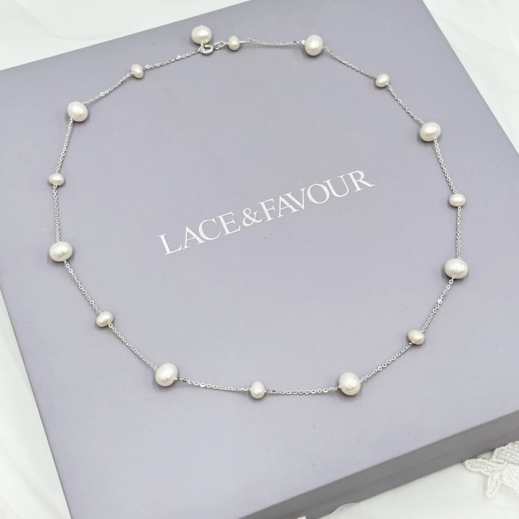 Lace & Favour Pearl Jewellery | Silver Wedding Jewellery*Elenoa Dainty Pearl Chain Necklace Ivory/ Silver