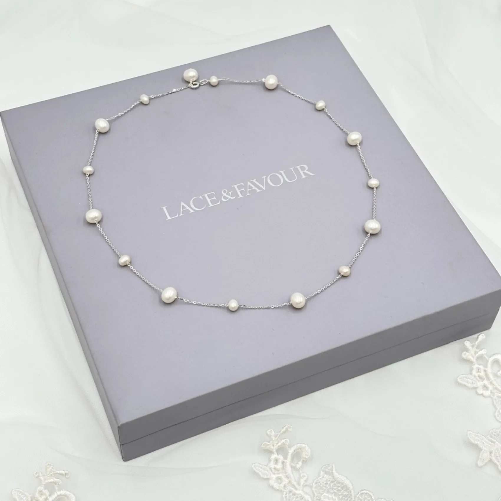 Lace & Favour Pearl Jewellery | Silver Wedding Jewellery*Elenoa Dainty Pearl Chain Necklace Ivory/ Silver