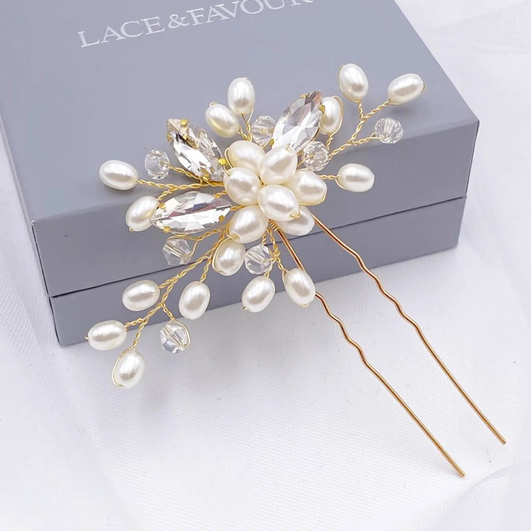 Lace & Favour Pearl Hair Accessories | Gold Hair Accessories*Ellie Pearl Cluster and Crystal Wedding Hair Pin (Gold) Ivory/ Gold