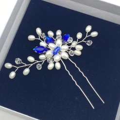 Lace & Favour Something Blue Gifts | Pearl Hair Accessories*Ellie Pearl Cluster Wedding Hair Pin (Sapphire) Ivory/ Sapphire/ Silver